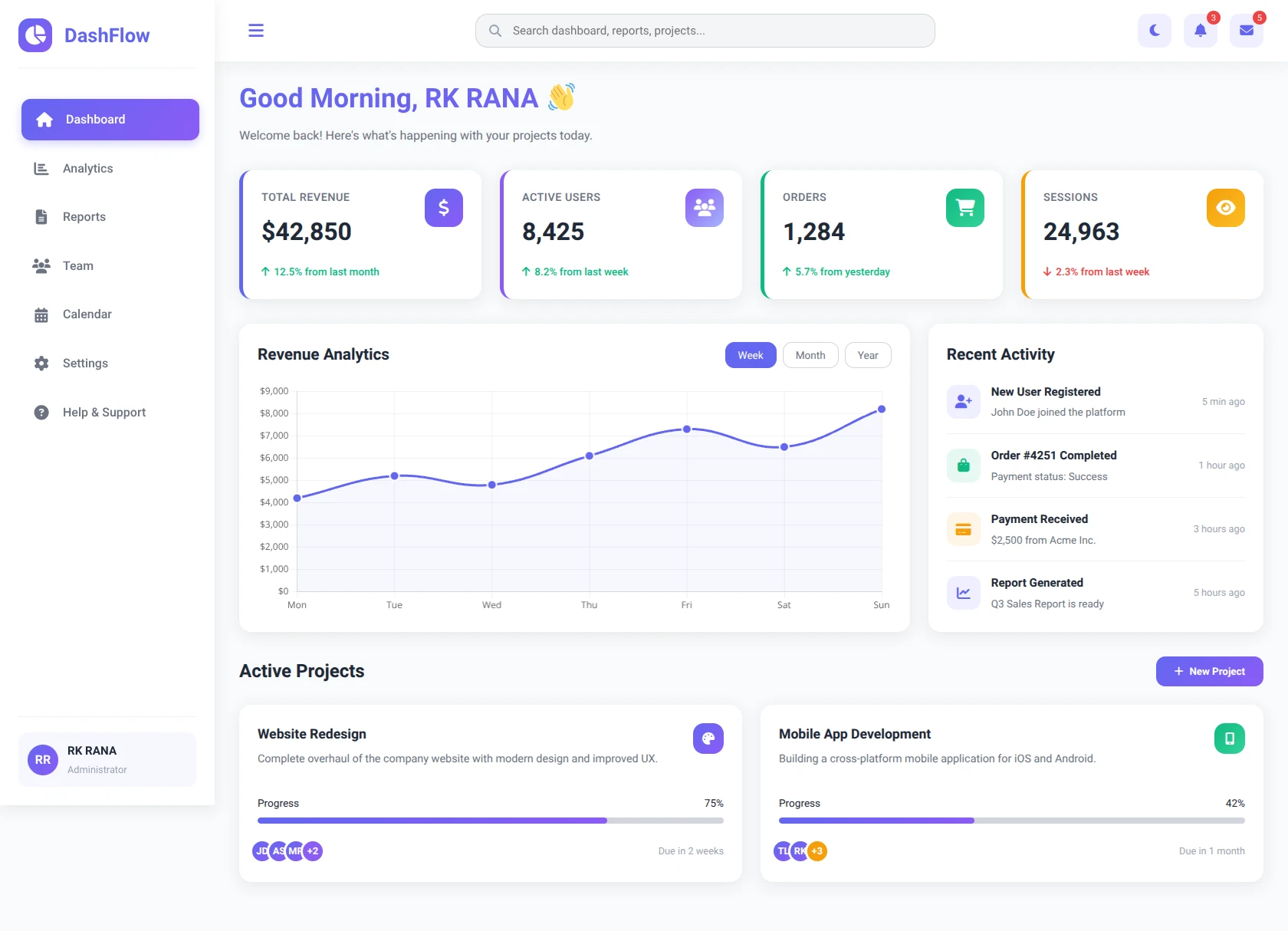 DashFlow Sidebar Dashboard - Enhanced Design